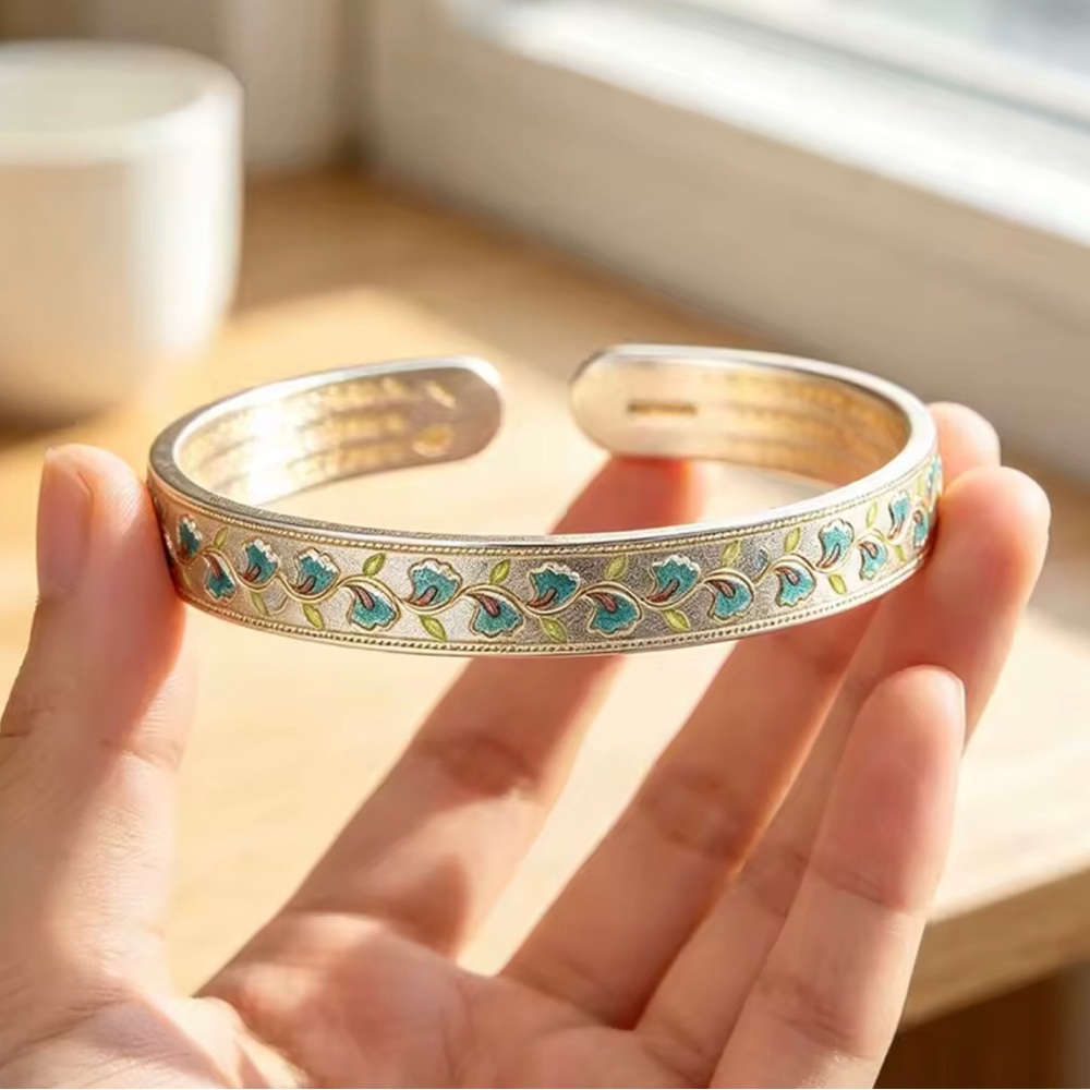 Vintage-Inspired Turquoise Floral Sterling Silver Cuff Bracelet